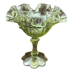 Vintage Fenton Olive Green Cabbage Rose Ruffled Pedestal Compote Candy Dish